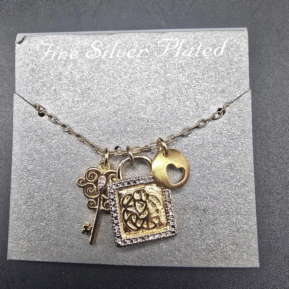Silver Plated Lock and Key Charm Necklace 18 Inch Chain On Card PAJ BB